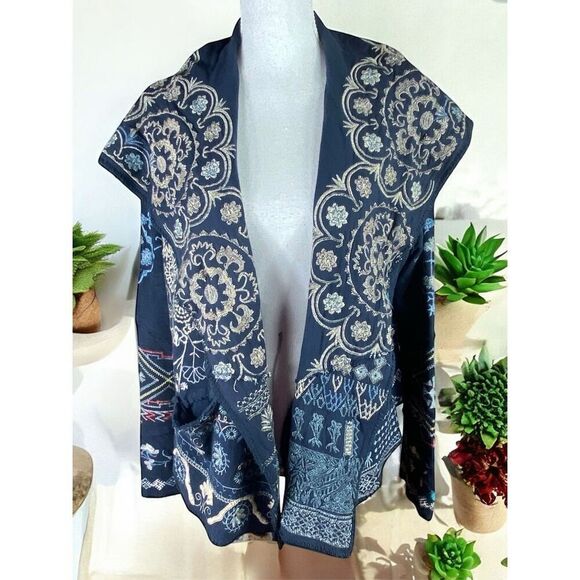 Johnny Was Biya Embroidered Blue Red Hooded Kimono Jacket Long Sleeve Size Sm - Picture 1 of 9